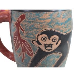 Handmade Clay Pottery Mug Cup Monkey Costa Rica‎ Terra Cotta Teal Black